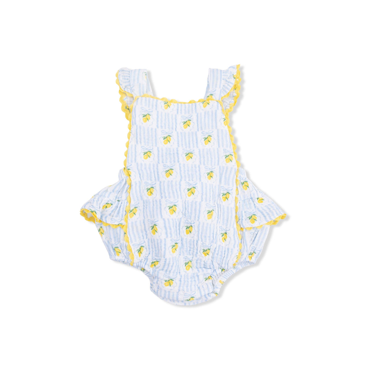 White baby romper with yellow lemon pattern on a white background