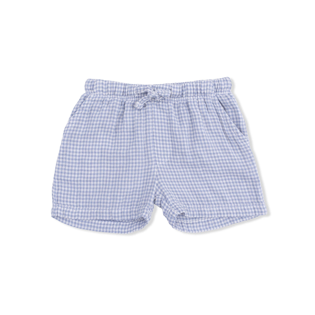 Blue checkered shorts on a white background