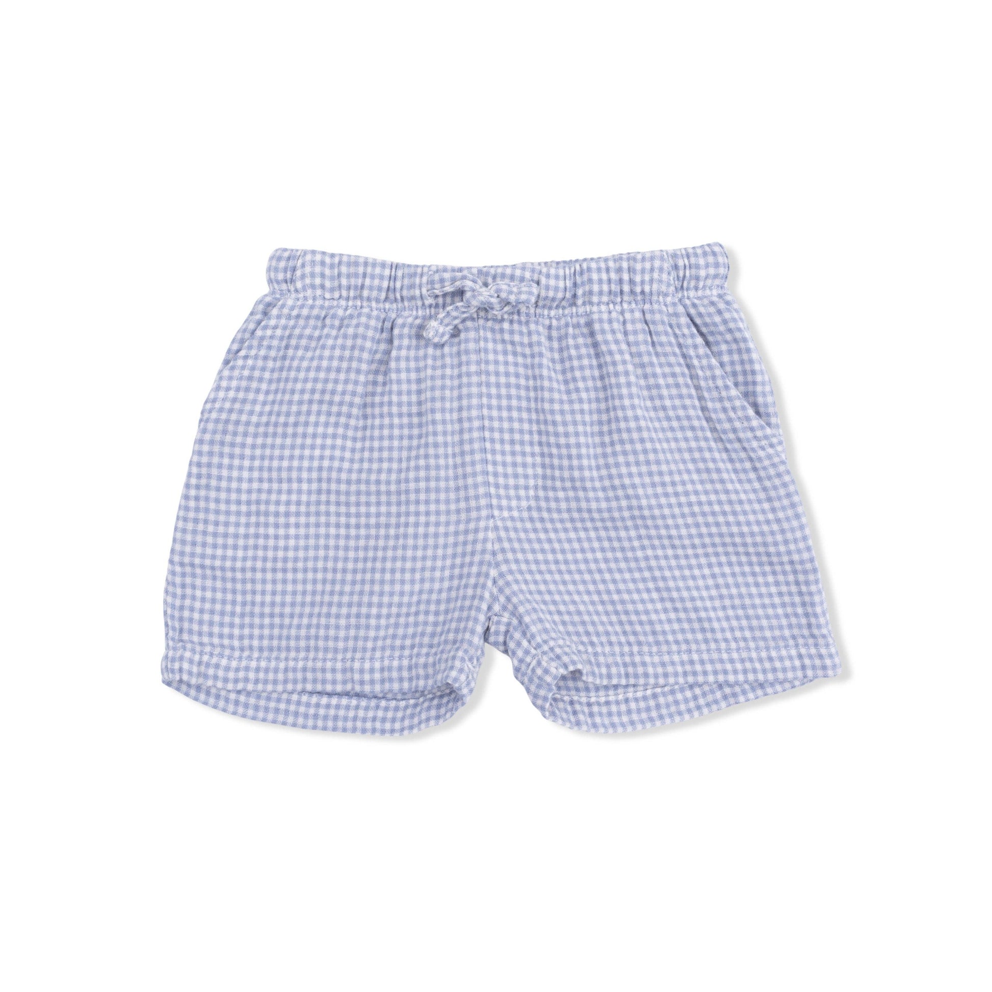 Blue checkered shorts on a white background