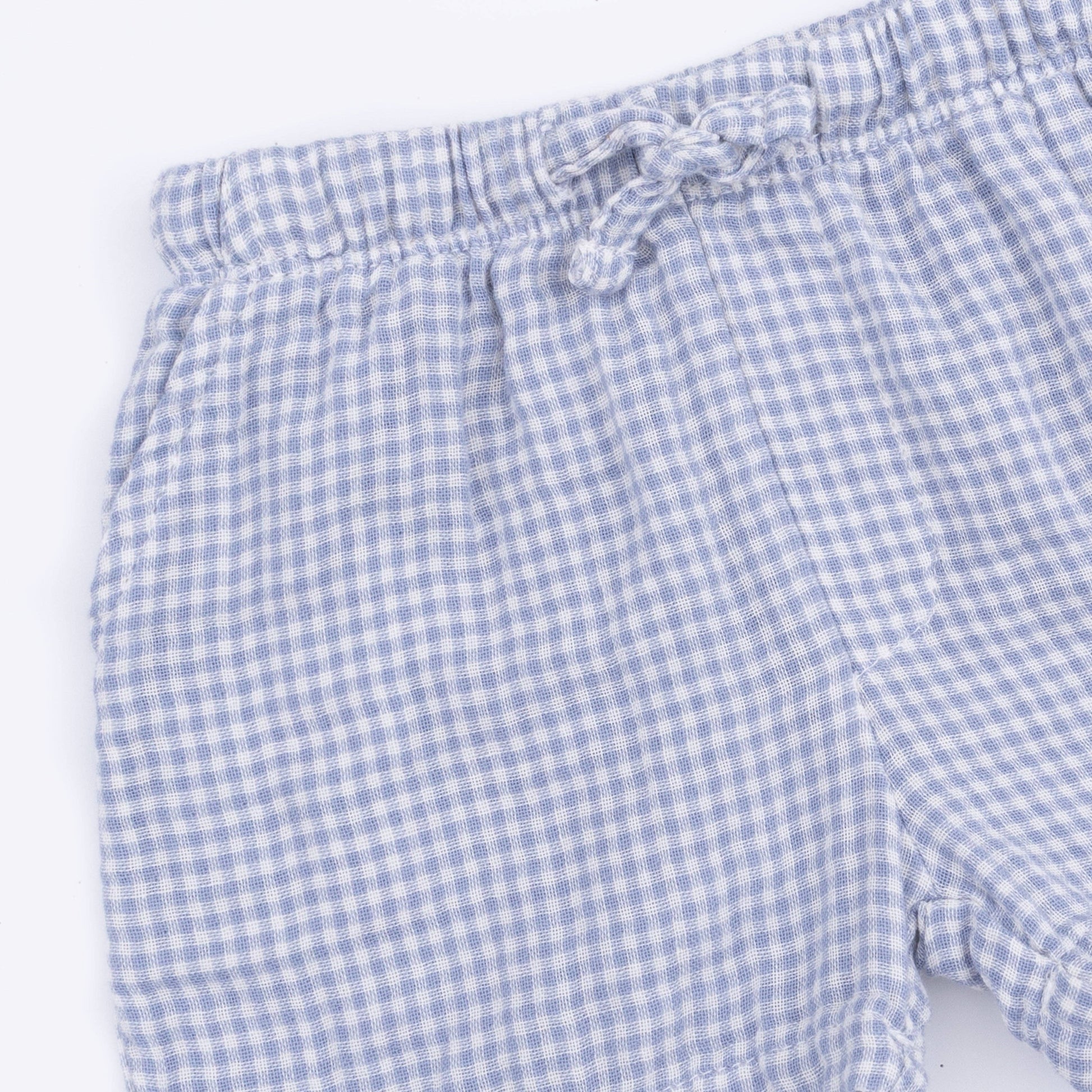 Blue and white checkered shorts closeup on a light background