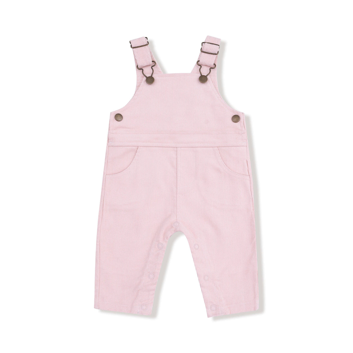 Pink children's overalls with button details on a white background