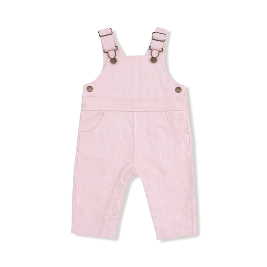 Pink children's overalls with button details on a white background
