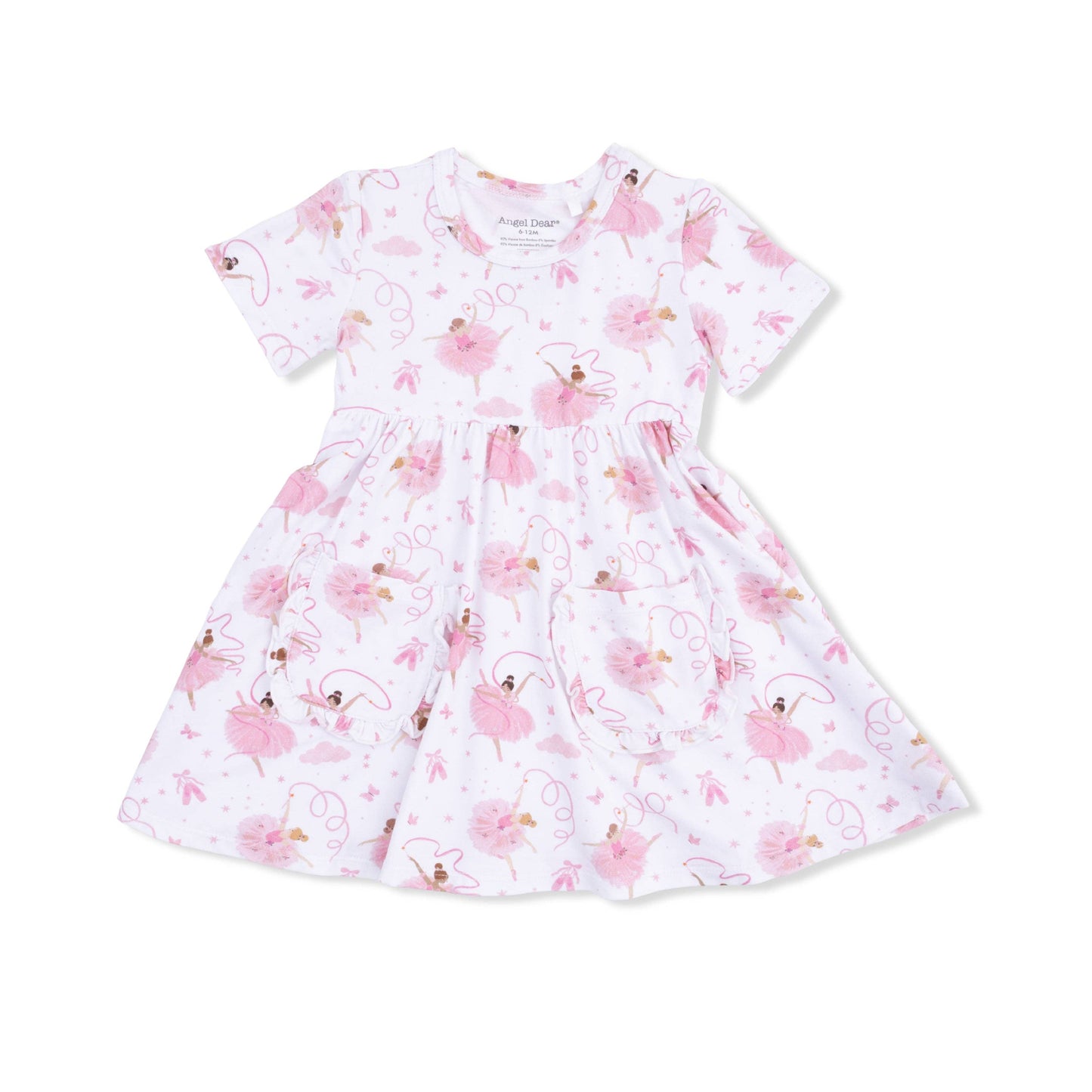 White dress with pink bellerinas pattern on a white background