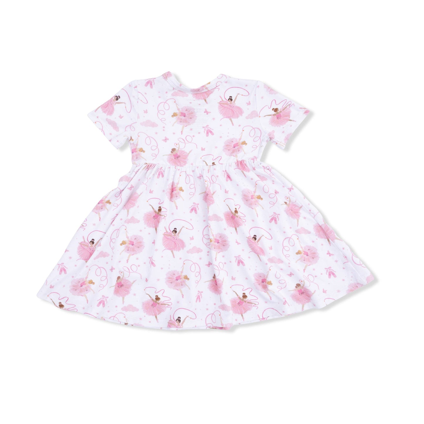White dress with pink bellerinsa pattern on a white background