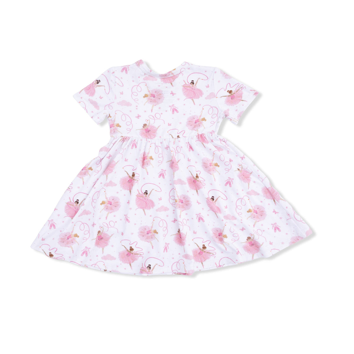 White dress with pink bellerinsa pattern on a white background