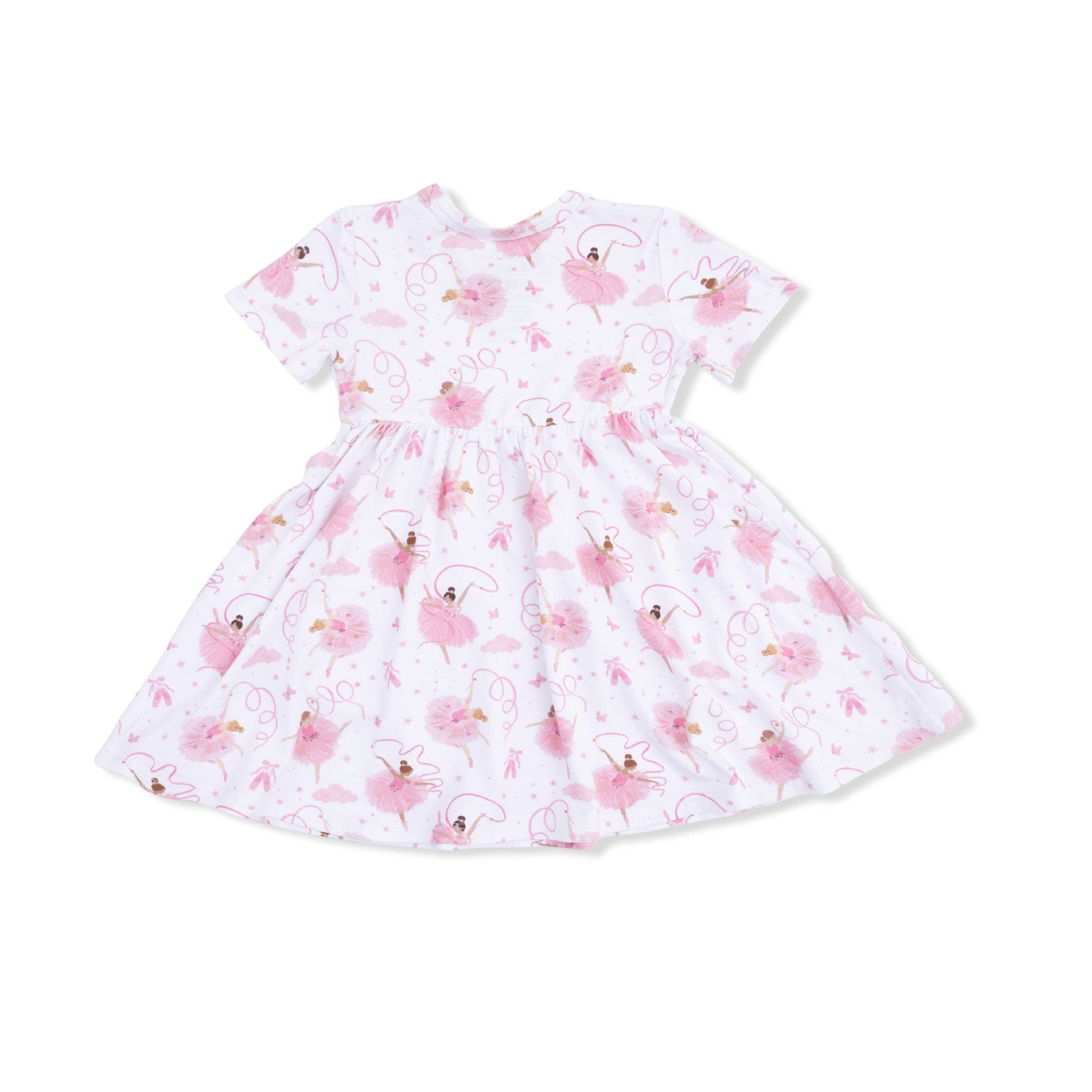 White dress with pink bellerinsa pattern on a white background