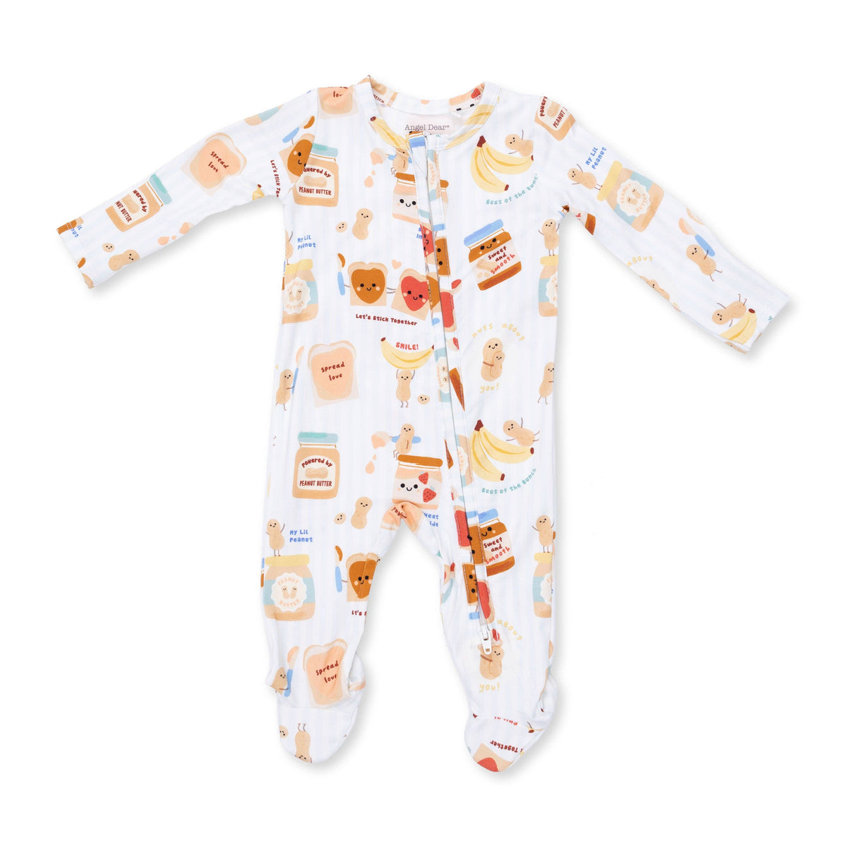 Baby onesie with peanut butter and jelly print on a white background