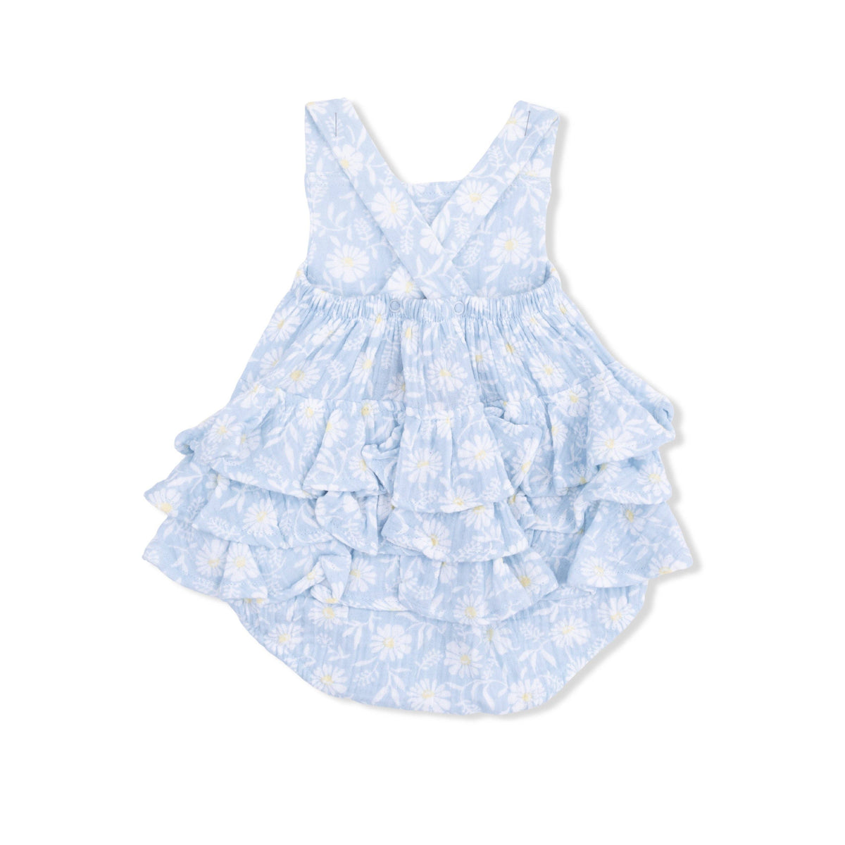 Light blue floral sunsuit with ruffled layers on a white background