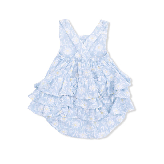 Light blue floral sunsuit with ruffled layers on a white background