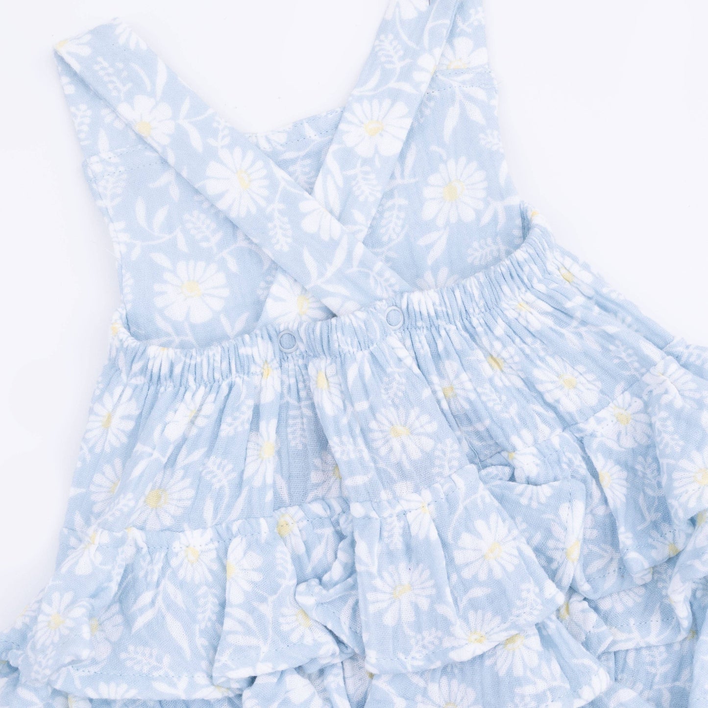 Light blue sunsuit closeup with floral pattern on a white background