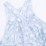 Light blue sunsuit closeup with floral pattern on a white background