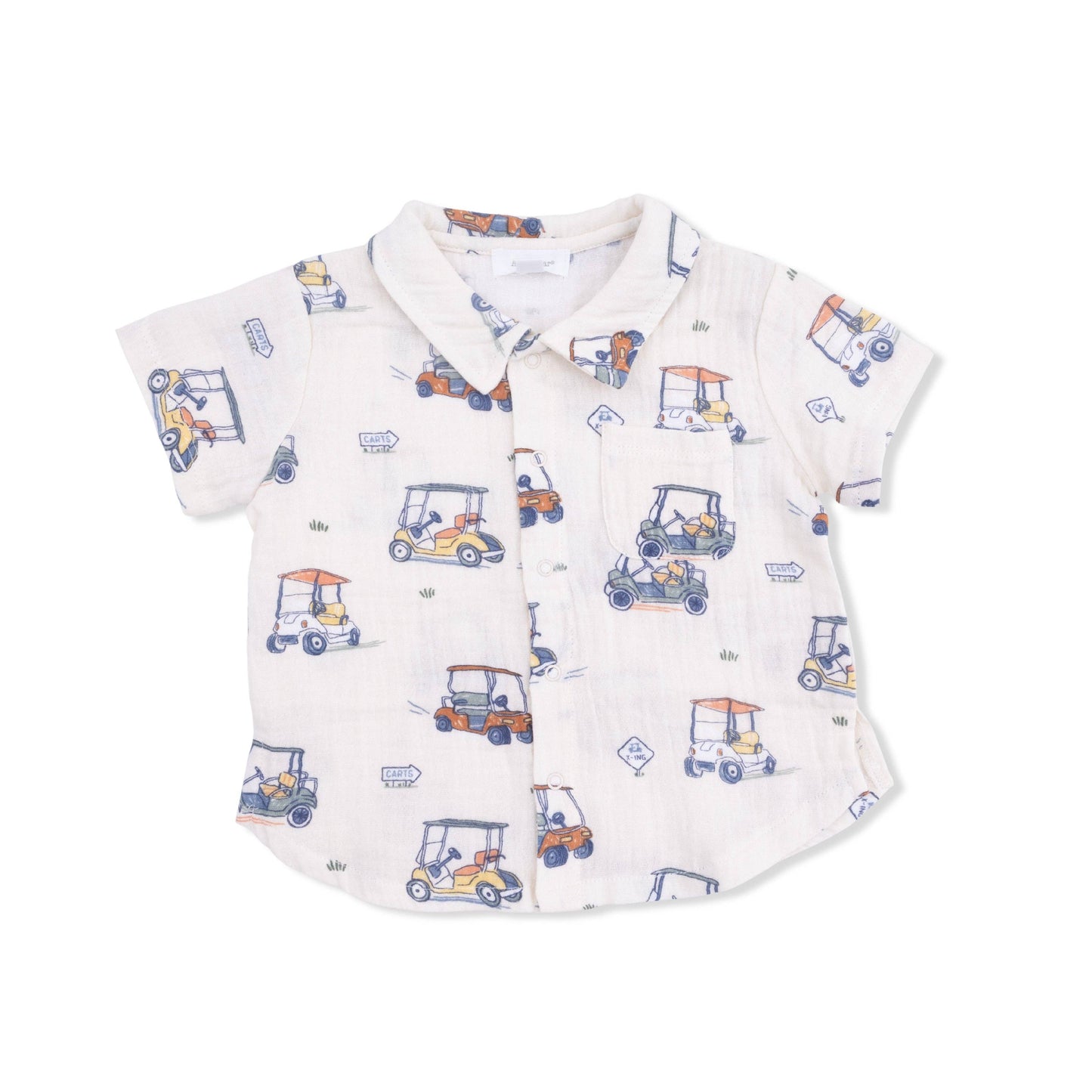 Baby shirt with toy car pattern on a white background