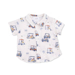 Baby shirt with toy car pattern on a white background