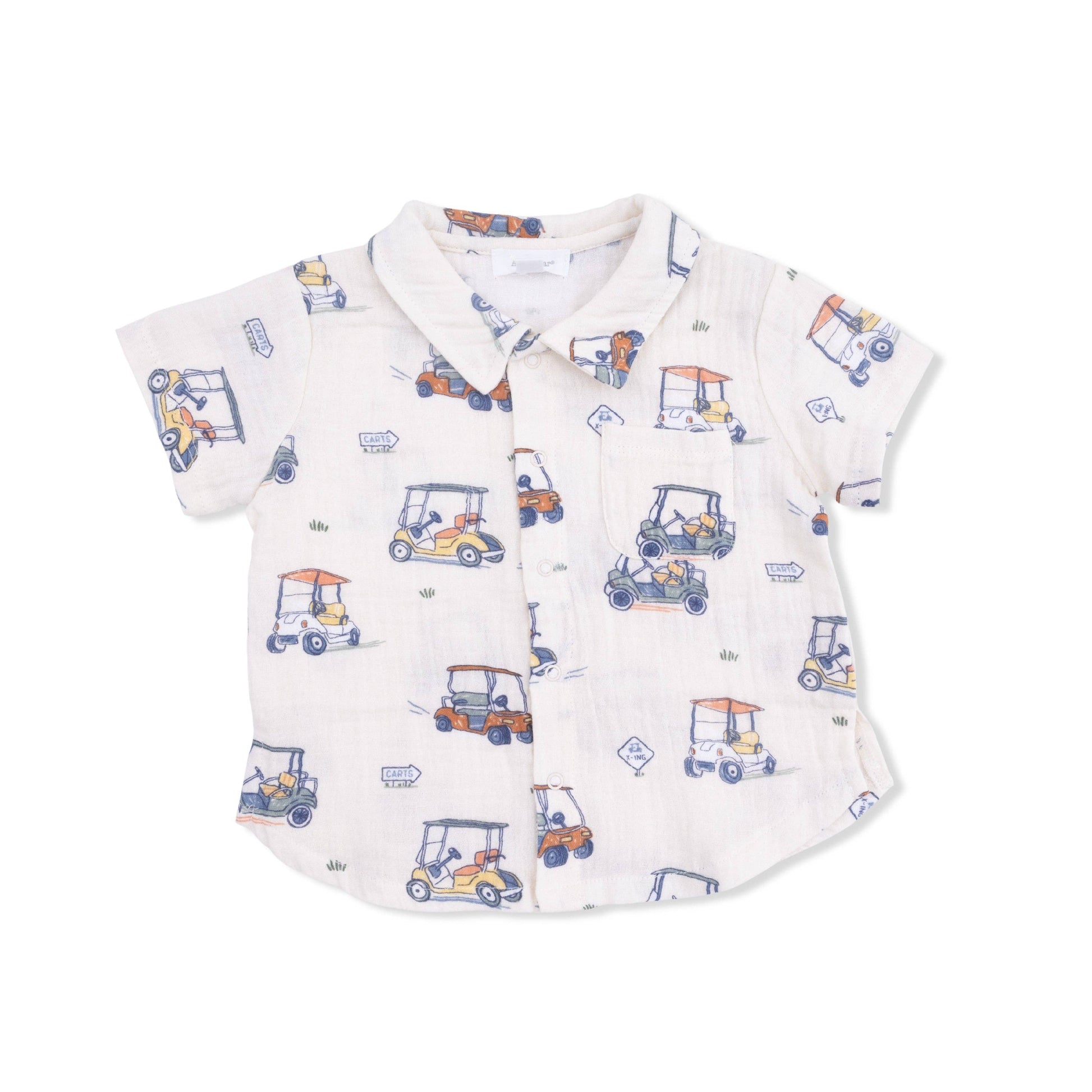 Baby shirt with toy car pattern on a white background