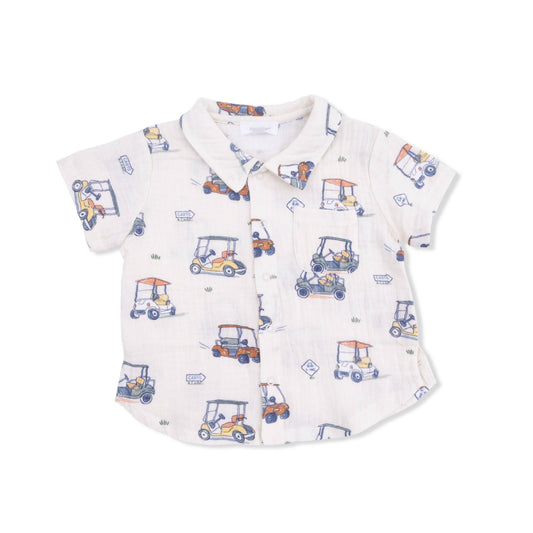Baby shirt with toy car pattern on a white background