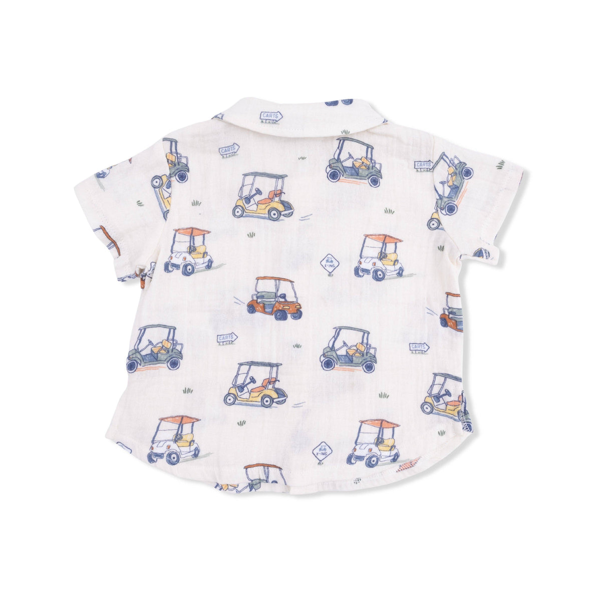 Short-sleeve shirt with golf cart pattern on a white background