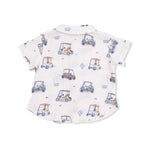 Short-sleeve shirt with golf cart pattern on a white background