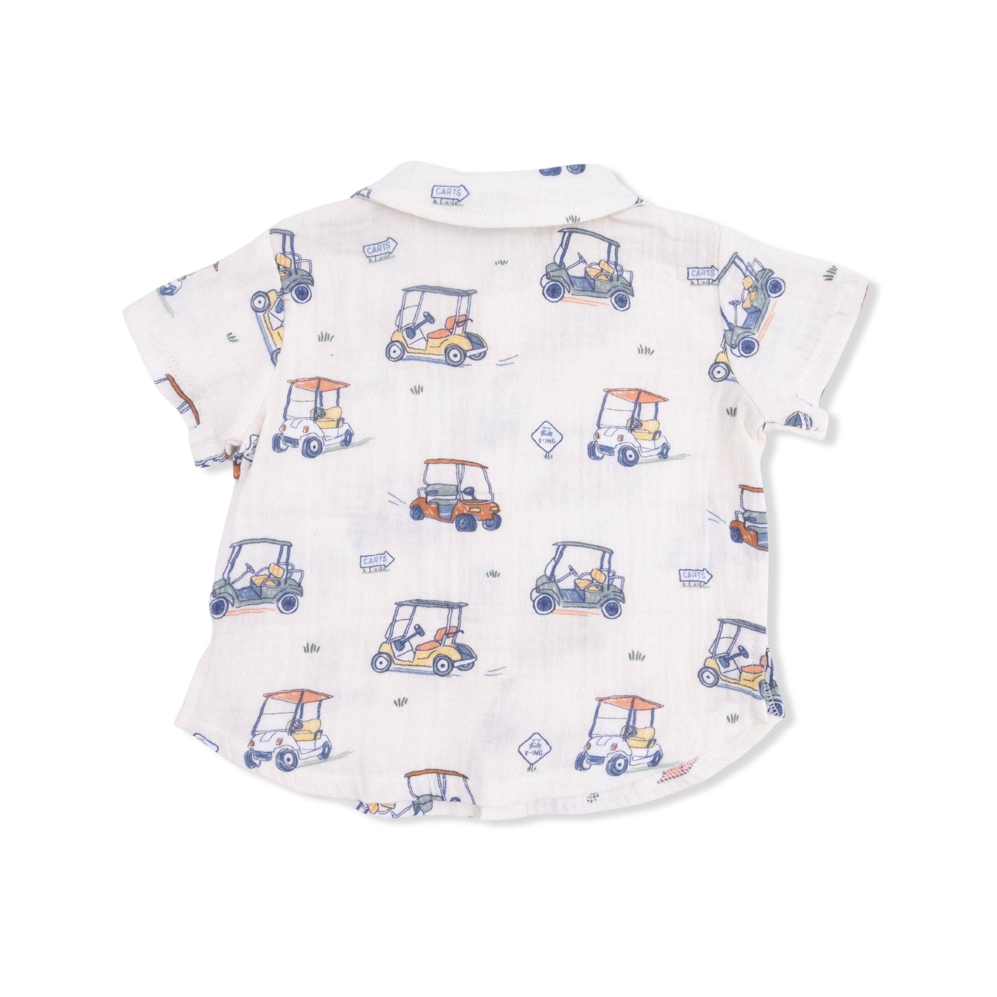 Short-sleeve shirt with golf cart pattern on a white background