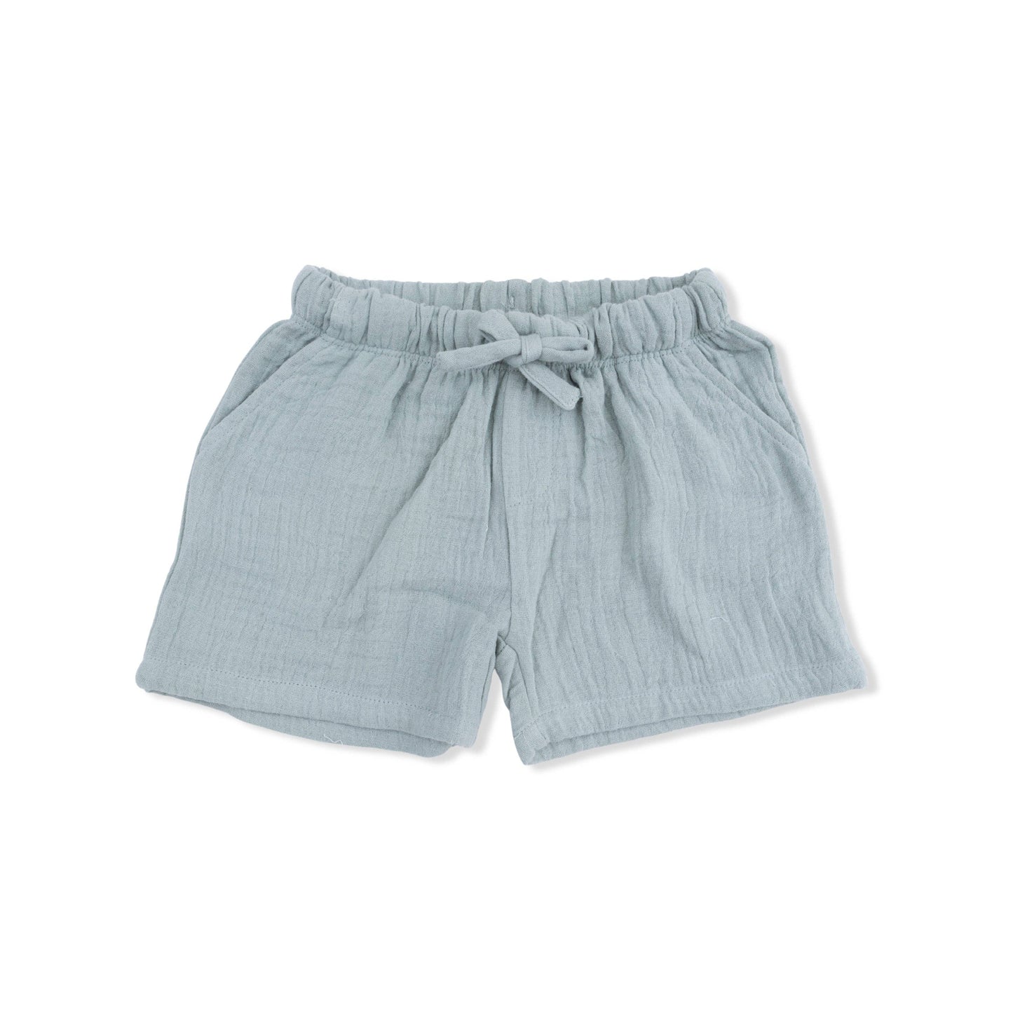 Light blue shorts with a tie waist on a white background