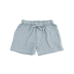 Light blue shorts with a tie waist on a white background