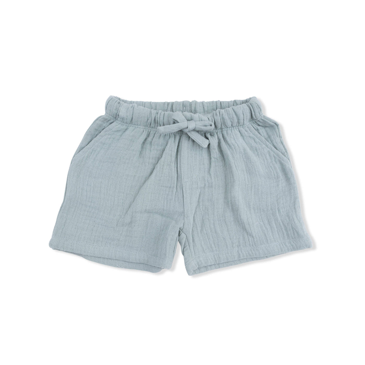 Light blue shorts with a tie waist on a white background