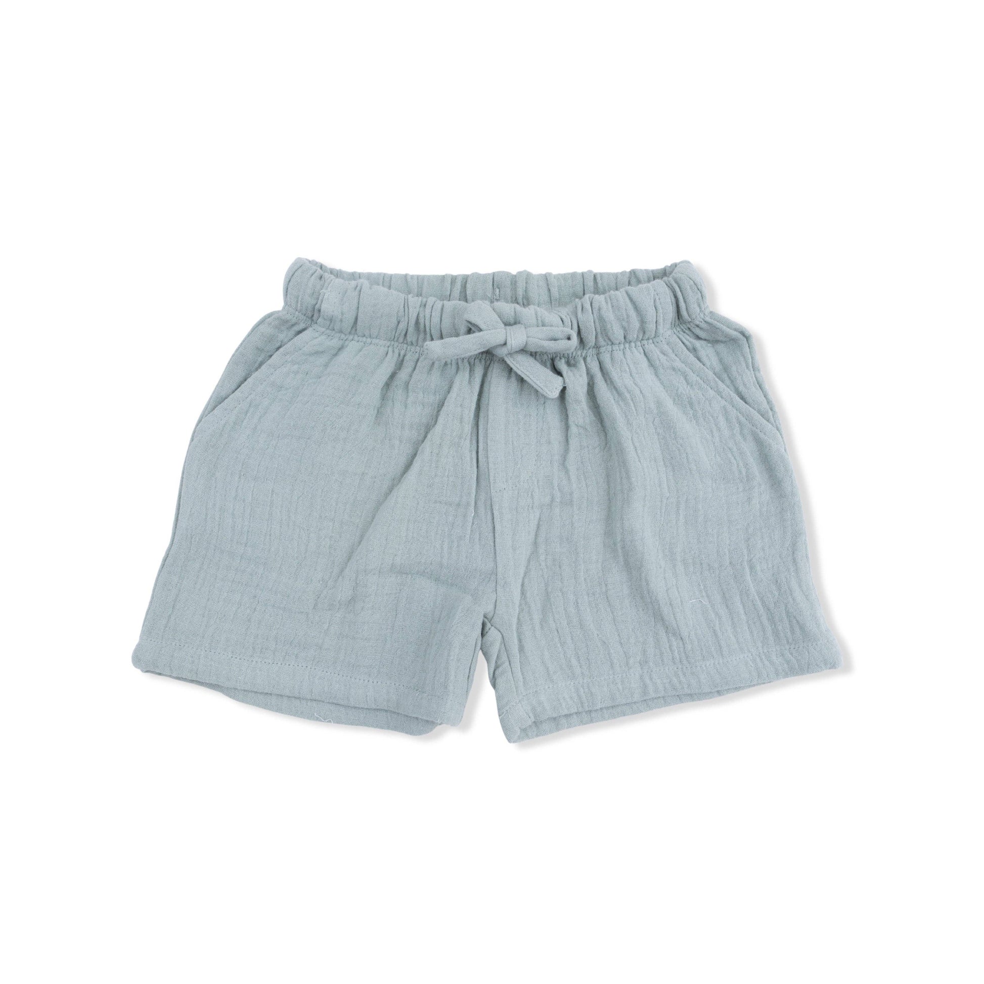 Light blue shorts with a tie waist on a white background