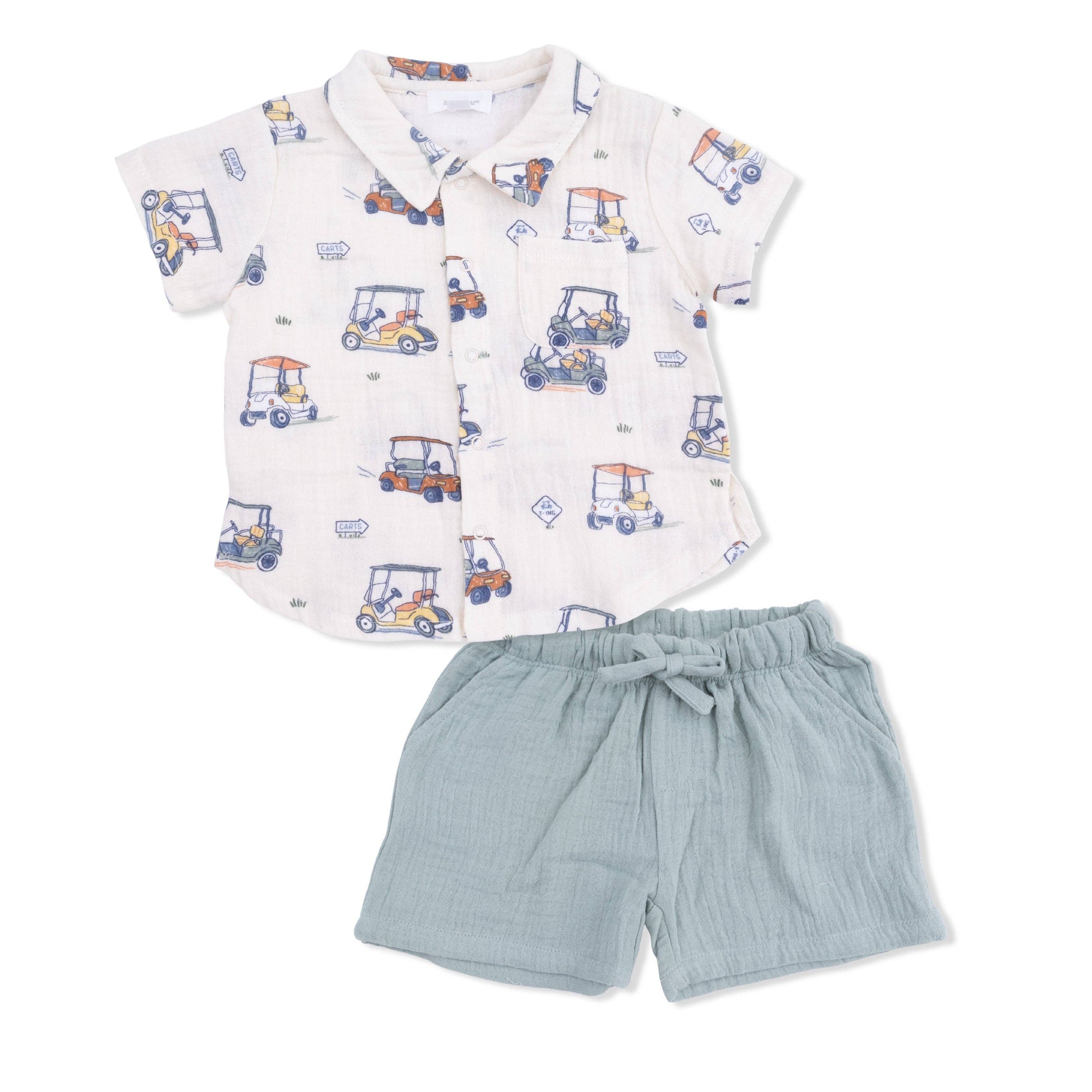 Children's outfit with a patterned shirt and light blue shorts on a white background