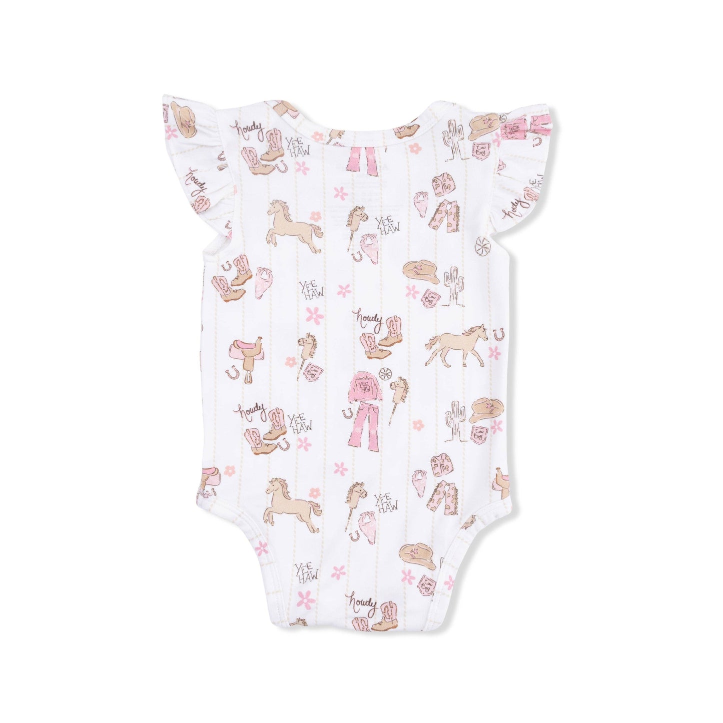 Back of Baby bodysuit romper with animal pattern on a white background
