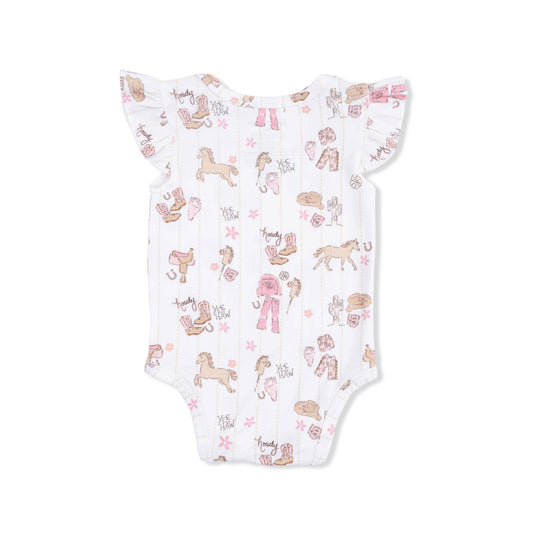 Back of Baby bodysuit romper with animal pattern on a white background