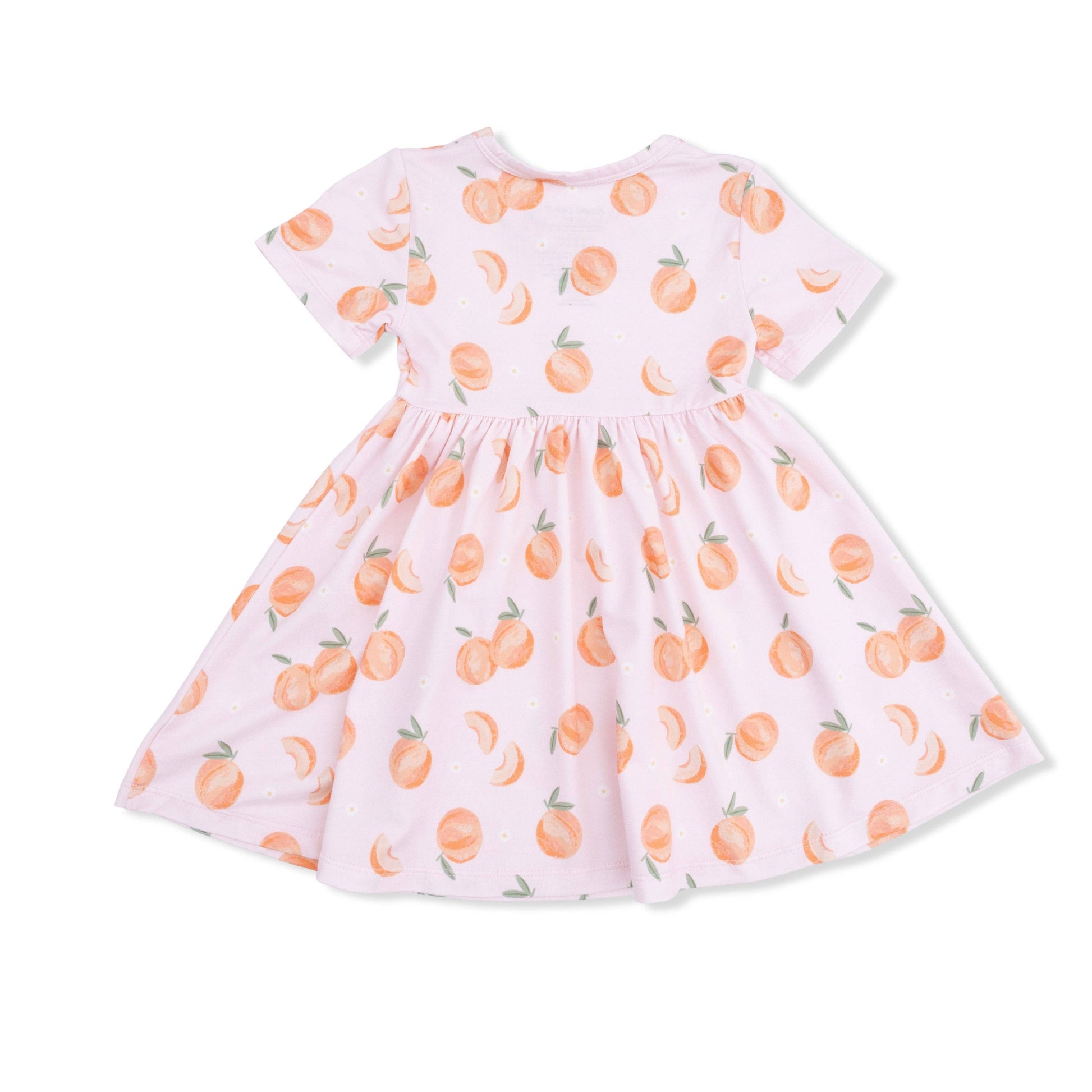 back of pink dress with peach pattern on a white background