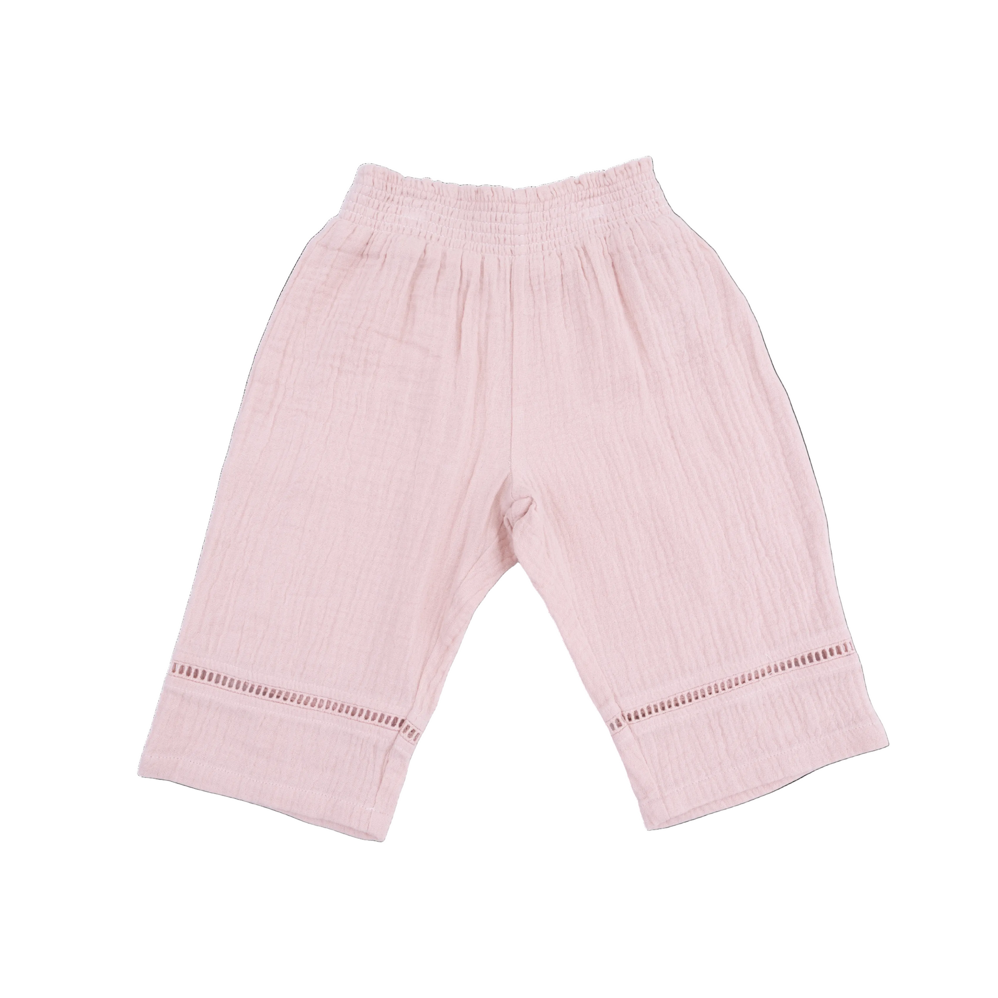 Pink baby pants with a subtle pattern on a white background