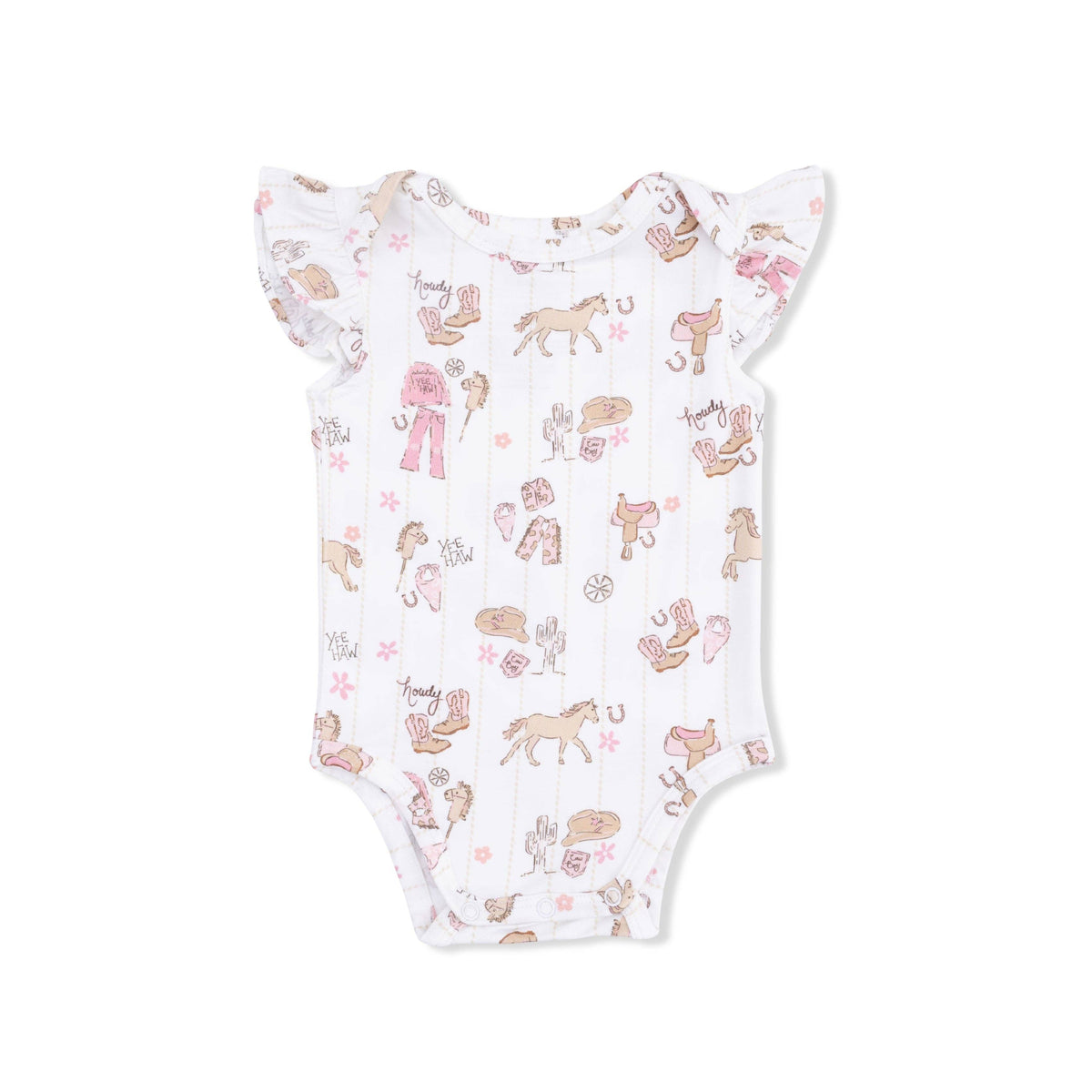 Baby bodysuit romper with animal pattern on a white background