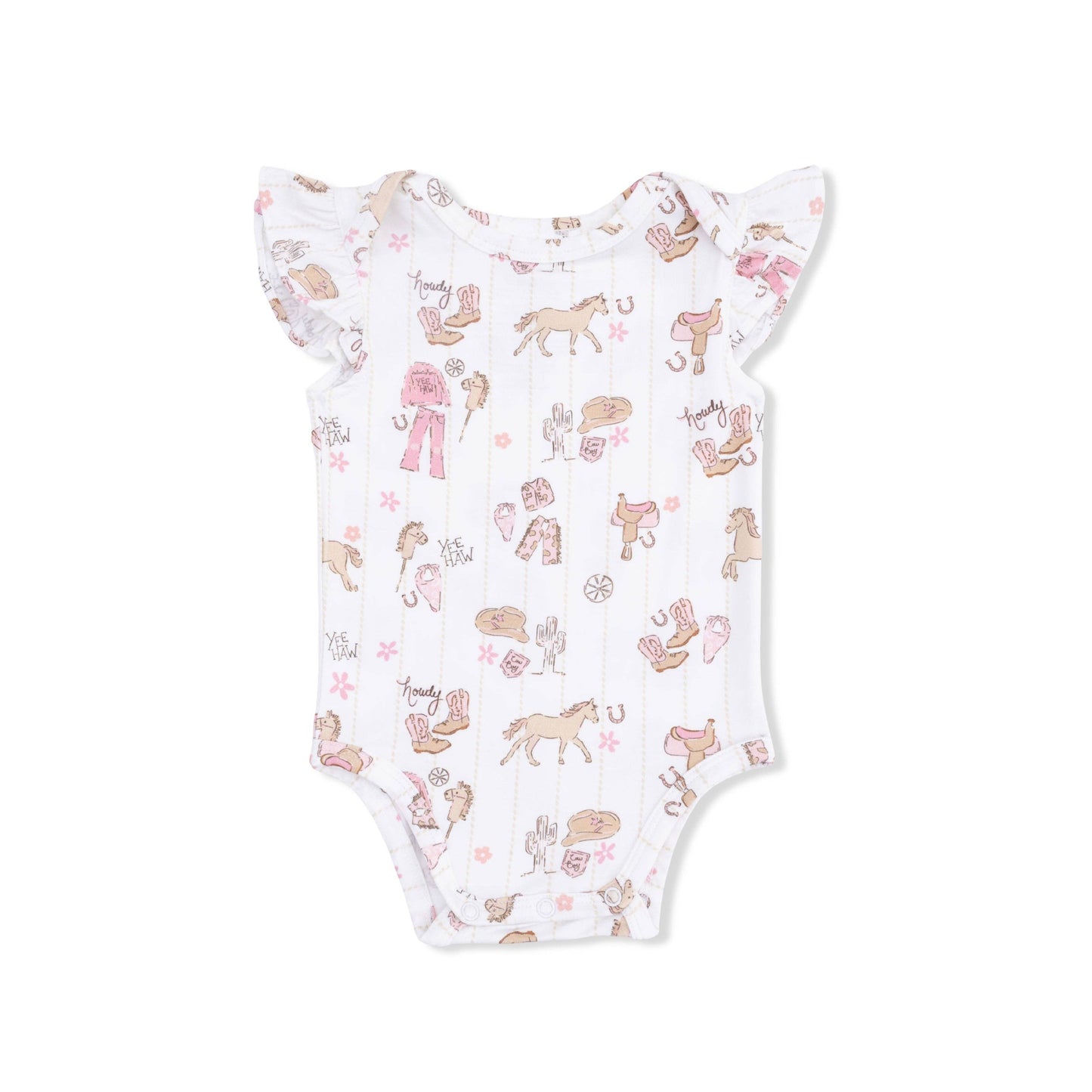Baby bodysuit romper with animal pattern on a white background