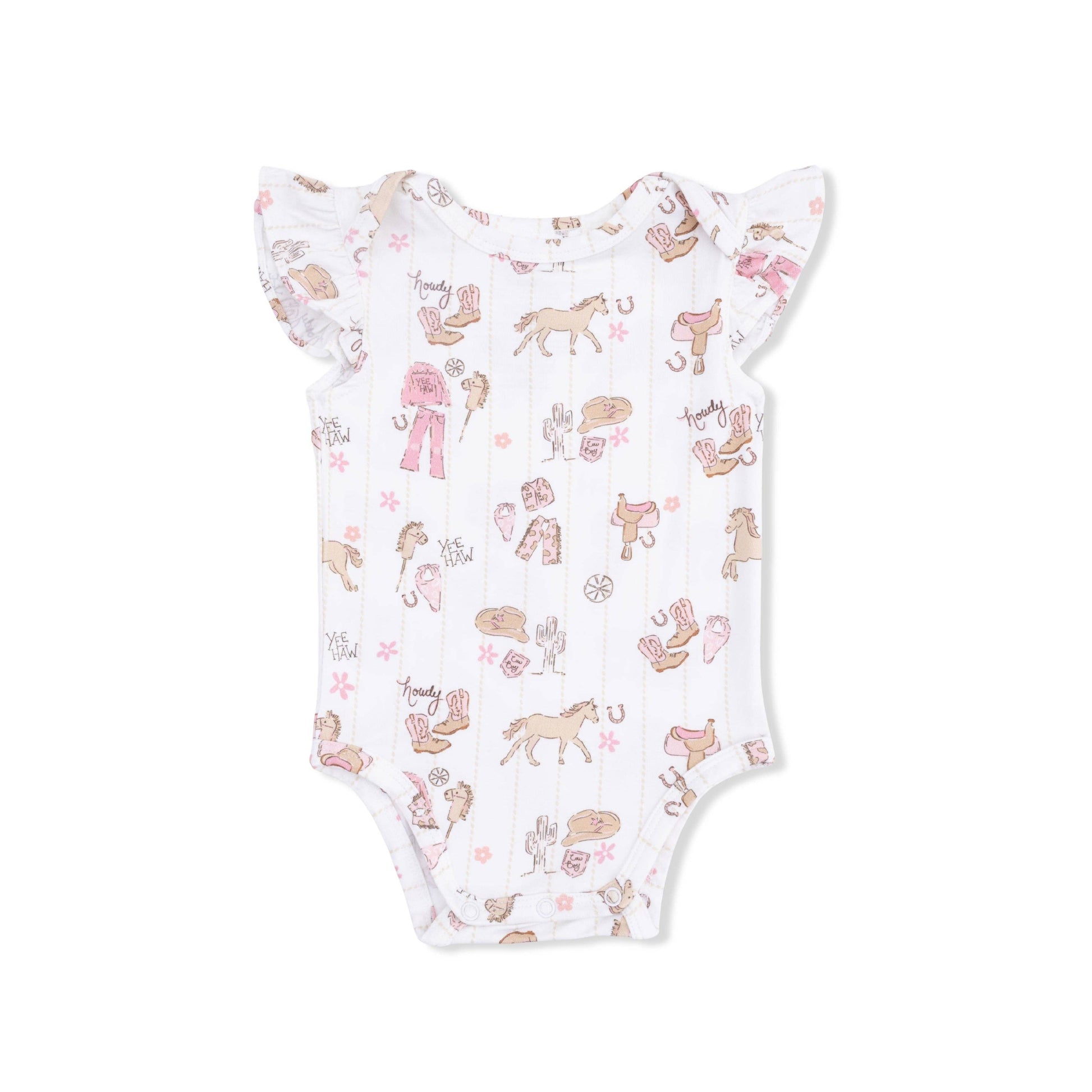 Baby bodysuit romper with animal pattern on a white background