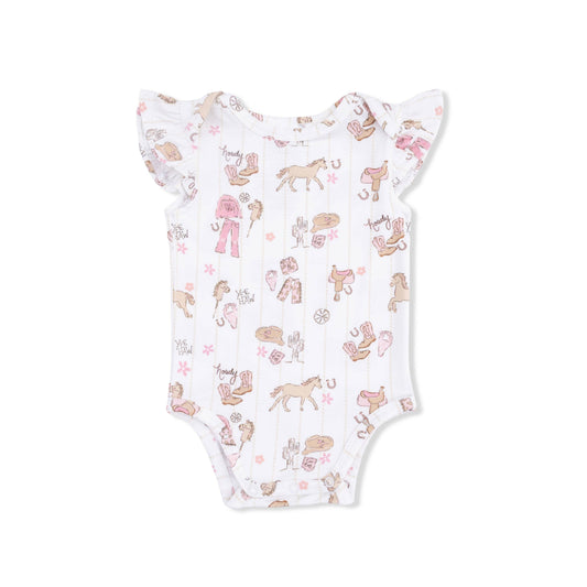 Baby bodysuit romper with animal pattern on a white background