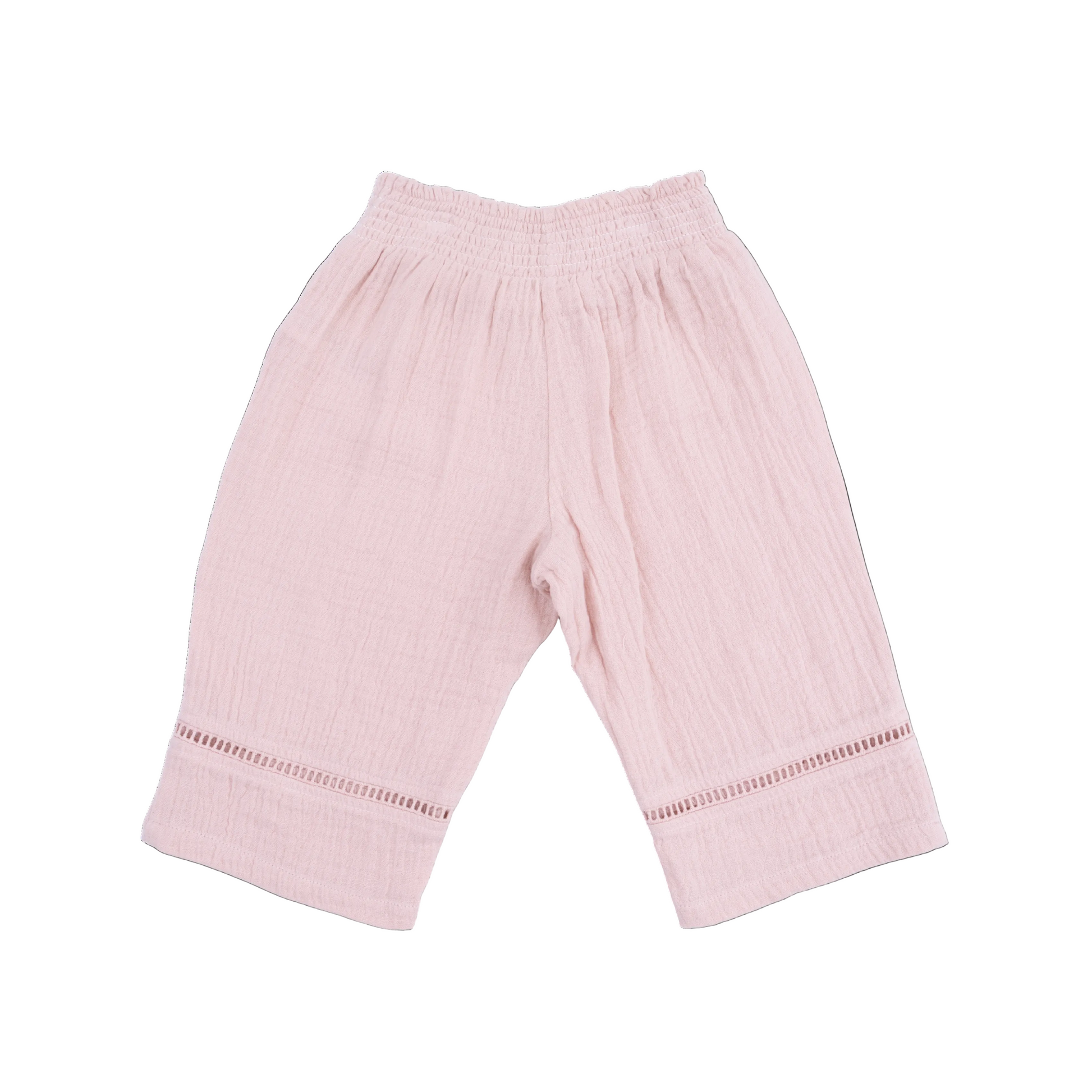 Pink baby pants with lace trim on a white background