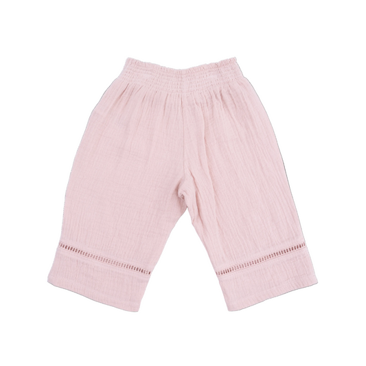Pink baby pants with lace trim on a white background