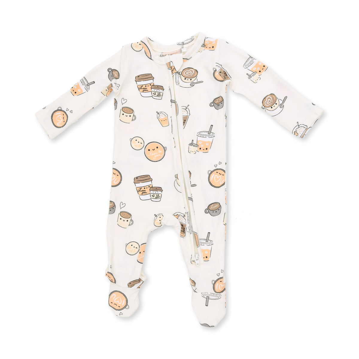 A baby footed one-piece sleeper with a front zipper, featuring a white base with a playful cartoon print of coffee cups, pastries, and faces in beige, brown, and light blue.