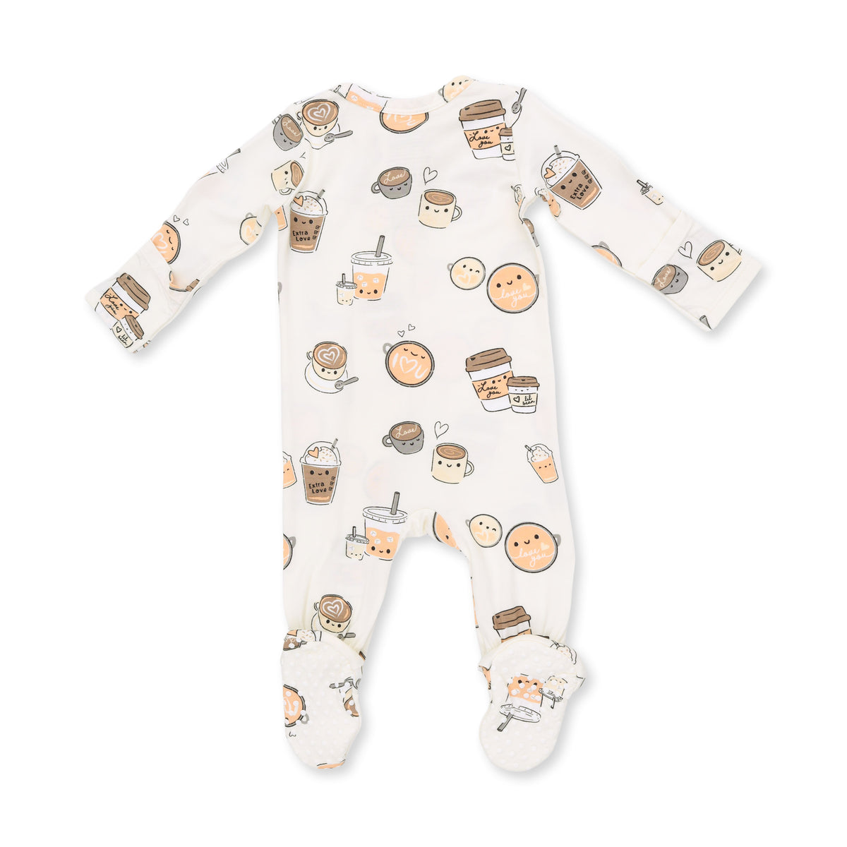 A baby footed sleeper with long sleeves and an all-over cute cartoon bubble tea and coffee cup pattern on a white background.