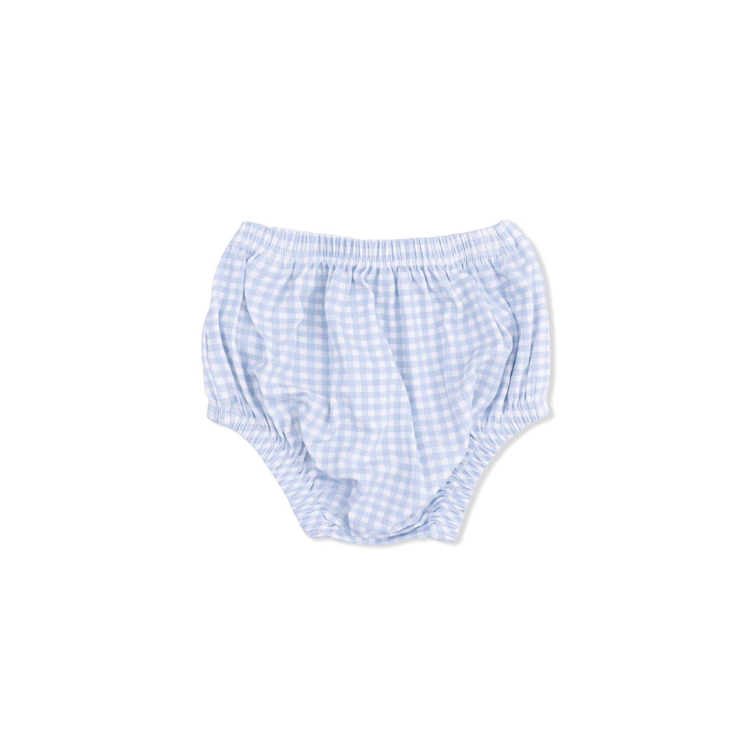 Blue checkered baby bloomers on a white background