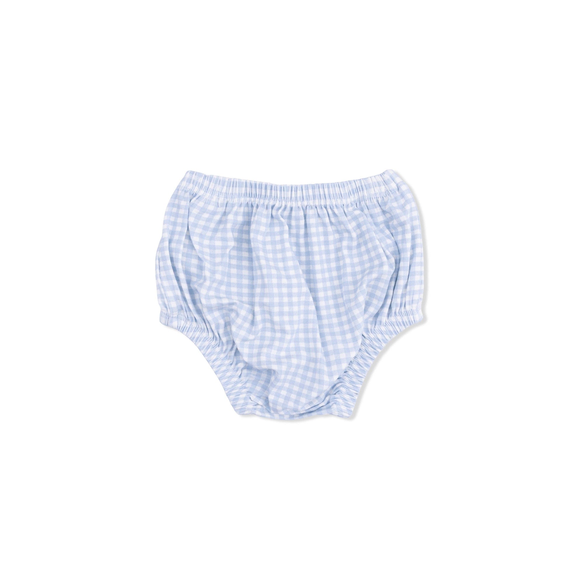 Blue checkered baby bloomers on a white background