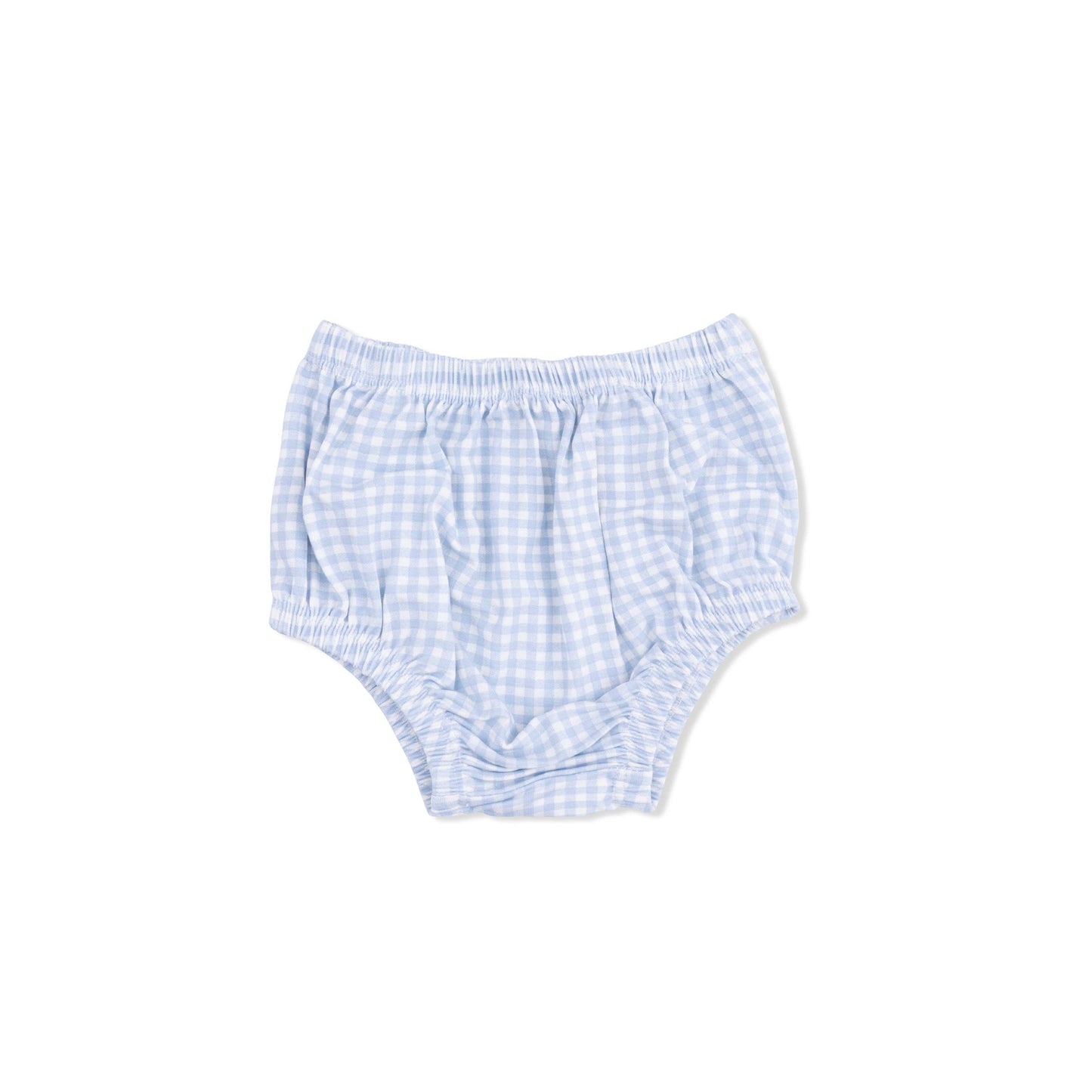 Blue and white checkered baby bloomers on a white background