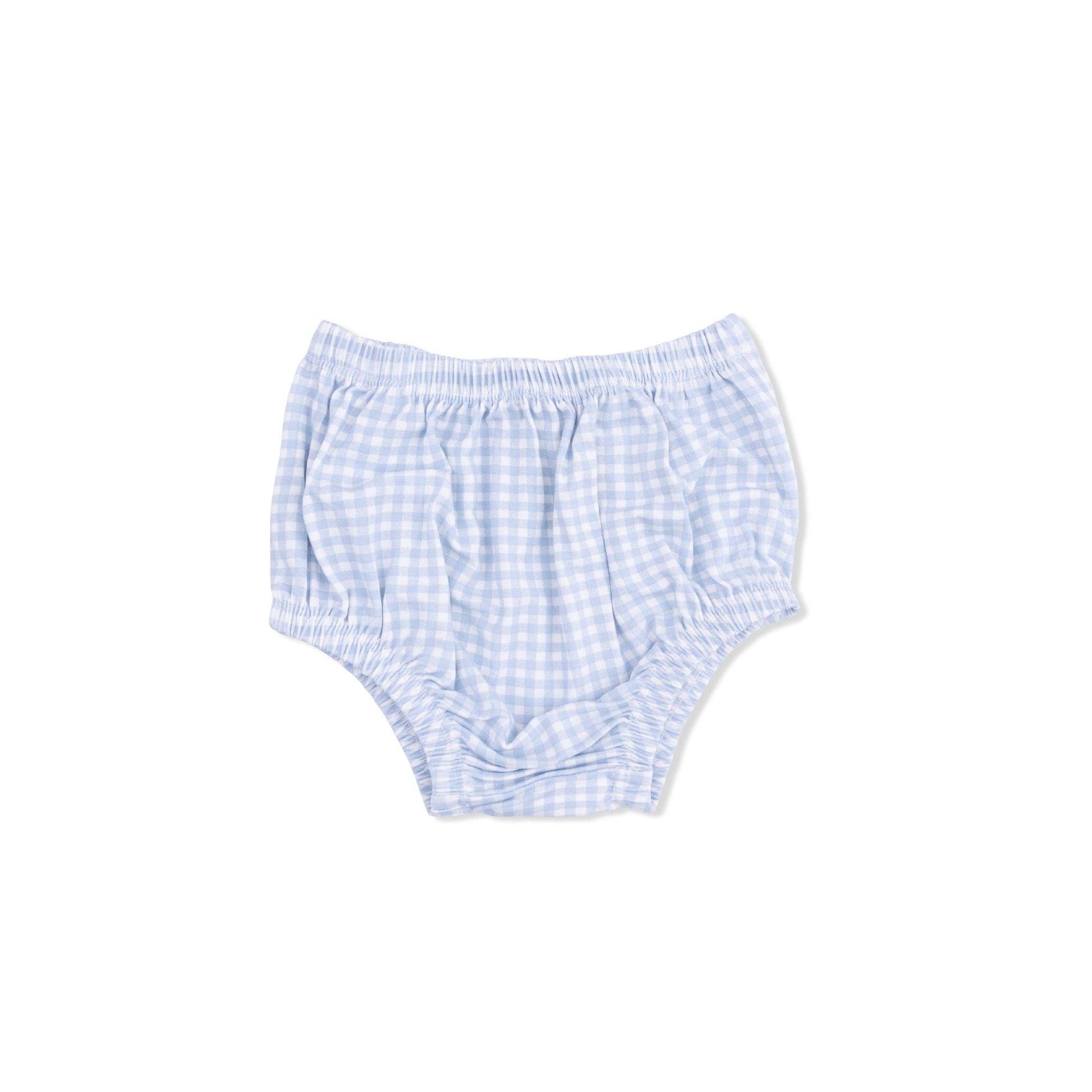 Blue and white checkered baby bloomers on a white background