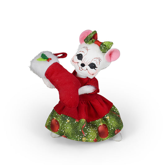 Annalee Yuletide Stocking Mouse, a 6 inch white mouse doll in a red corduroy dress holding a Christmas stocking