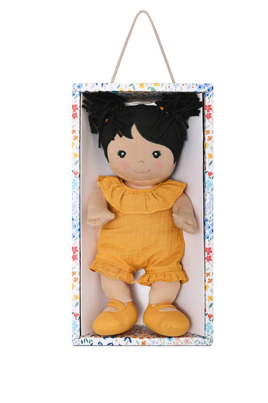 Apple Park Kids Gwen soft doll in an organic cotton romper with flutter neckline