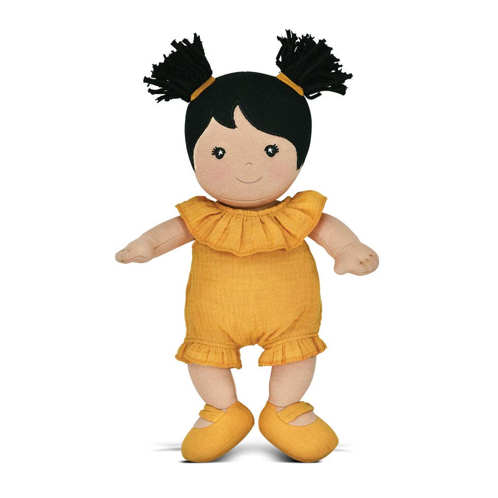 Apple Park Kids Gwen soft doll in an organic cotton romper with flutter neckline, additional view