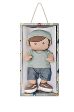 Apple Park Kids Levi soft boy doll in sage with organic cotton shirt and chambray shorts