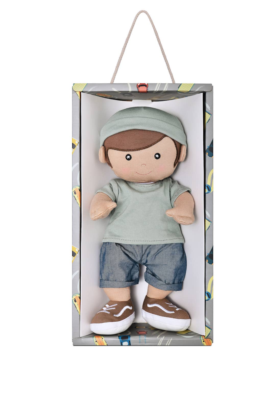 Apple Park Kids Levi soft boy doll in sage with organic cotton shirt and chambray shorts