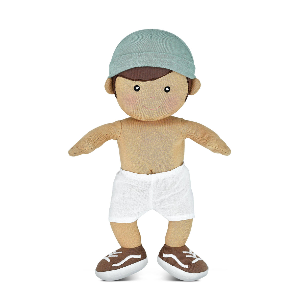 Apple Park Kids Levi soft boy doll in sage with organic cotton shirt and chambray shorts, additional view