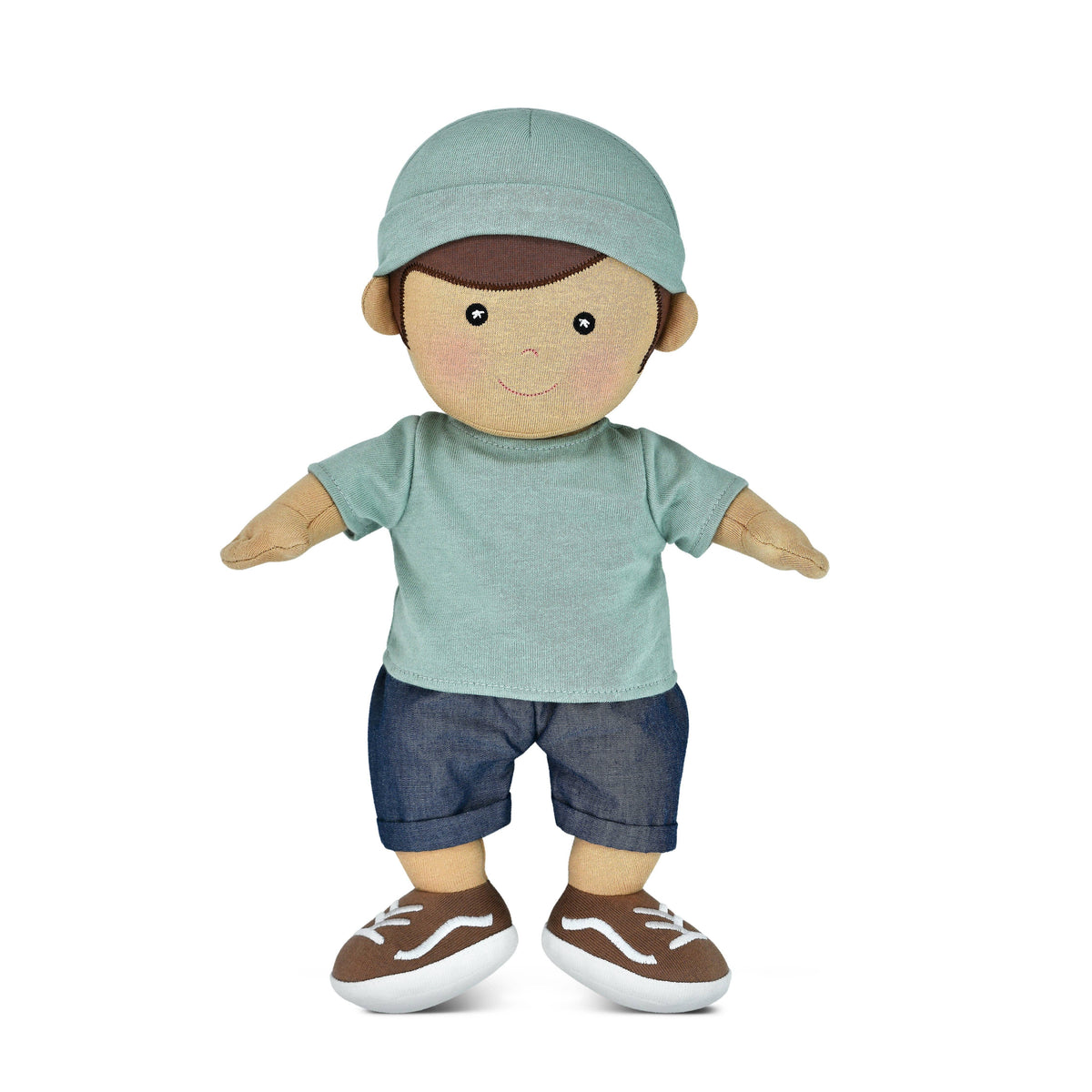 Apple Park Kids Levi soft boy doll in sage with organic cotton shirt and chambray shorts, additional view